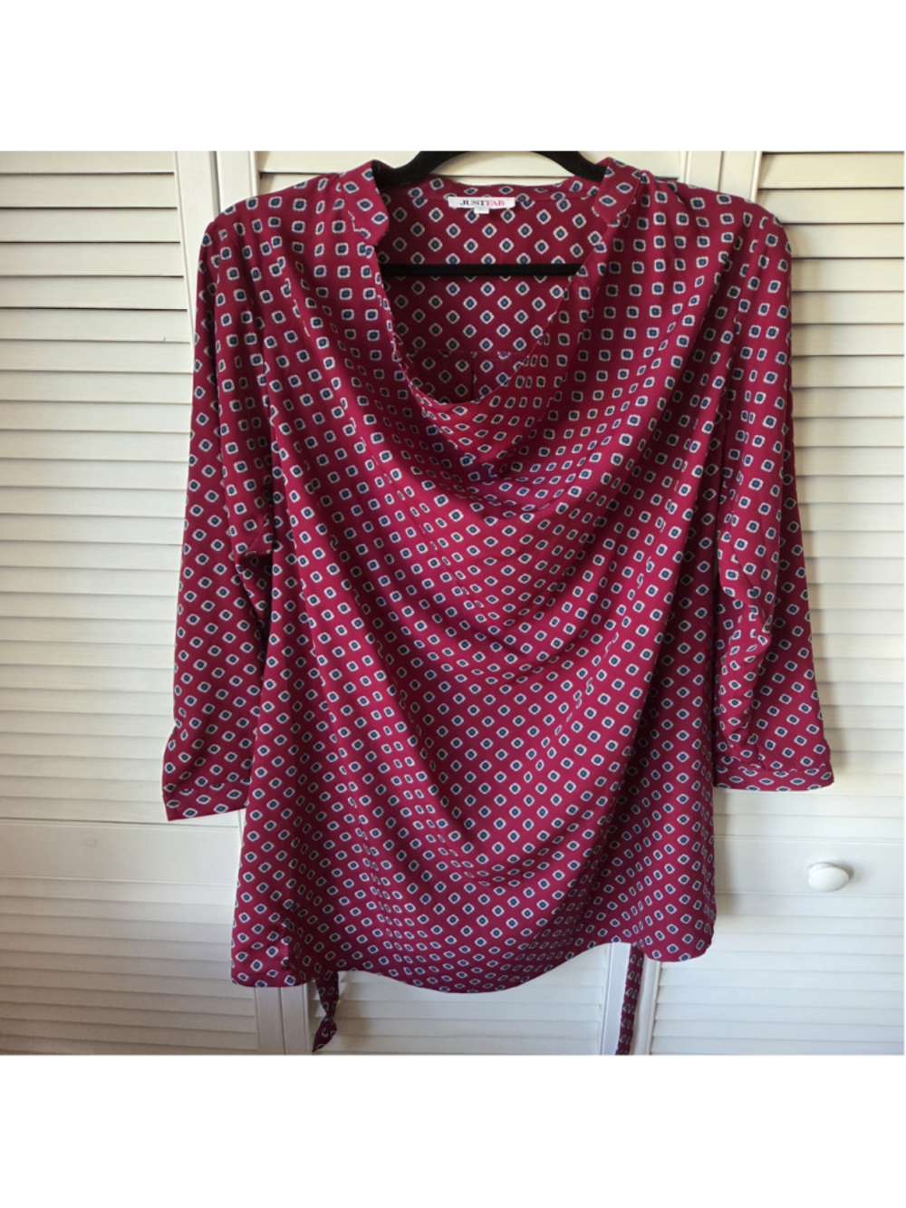 Women's JustFab Dress Size L Burgundy and Blue Patterned Long Sleeve with Tie